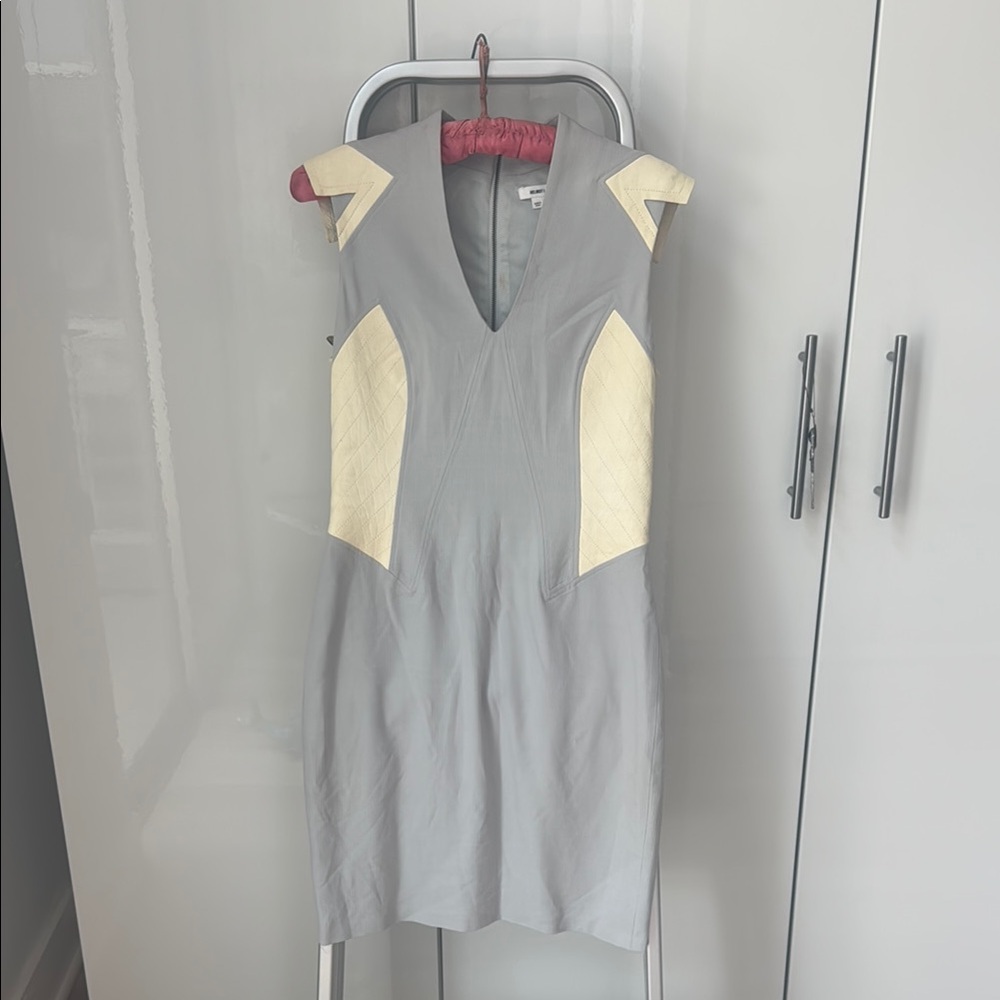 Helmut Lang Elegant Gray and Cream Dress w leather details